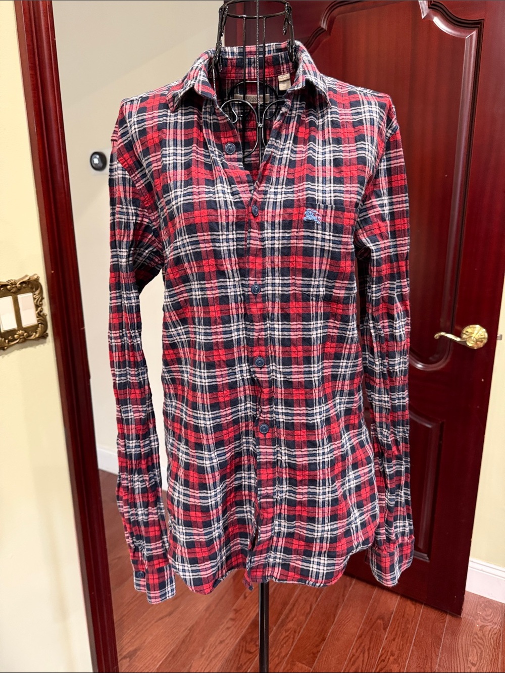 Burberry Red Navy White Plaid Button-Down Shirt
